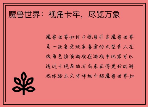 魔兽世界：视角卡牢，尽览万象