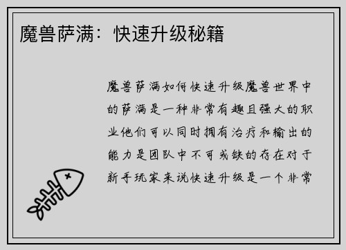 魔兽萨满：快速升级秘籍